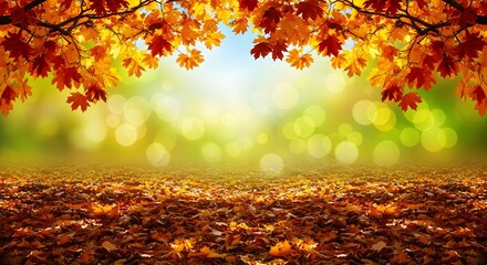 Vibrant autumn forest floor covered in fallen leaves, with a canopy of colorful foliage overhead and a soft, blurred background of green and golden bokeh lights