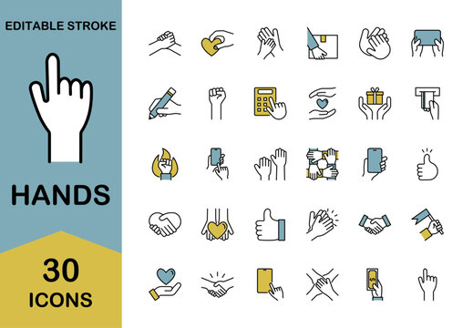 Hands line icon set &ndash; Includes gesture, handshake, writing and pointing. Editable stroke. Colored vector illustration.