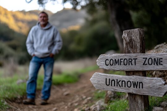 Caucasian mature male facing unknown path in nature with comfort zone sign