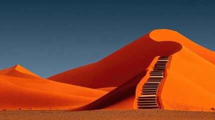A wooden staircase ascends a vibrant orange sand dune against a deep blue sky