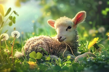 Adorable fluffy lamb resting peacefully in lush green meadow with dandelions and clover blossoms