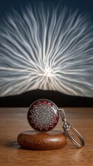 Circular trinket with mandala design rests on wood, before an abstract light burst background