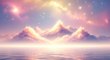 sSunrise Over the Sea, Ethereal Abstract Dreamscape Painting, Pastel-Colored Clouds, Misty Sea