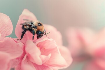 Delicate bumblebee gathers nectar from soft pink blossom in gentle macro detail