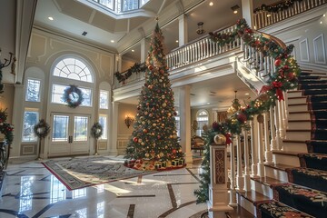 Elegant grand foyer adorned with a towering Christmas tree and festive garlands welcomes guests