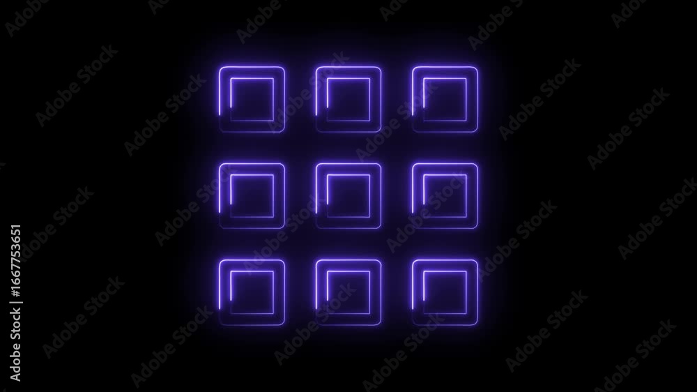 Aufkleber glowing purple neon square icons arranged in a grid pattern on a dark background creating a