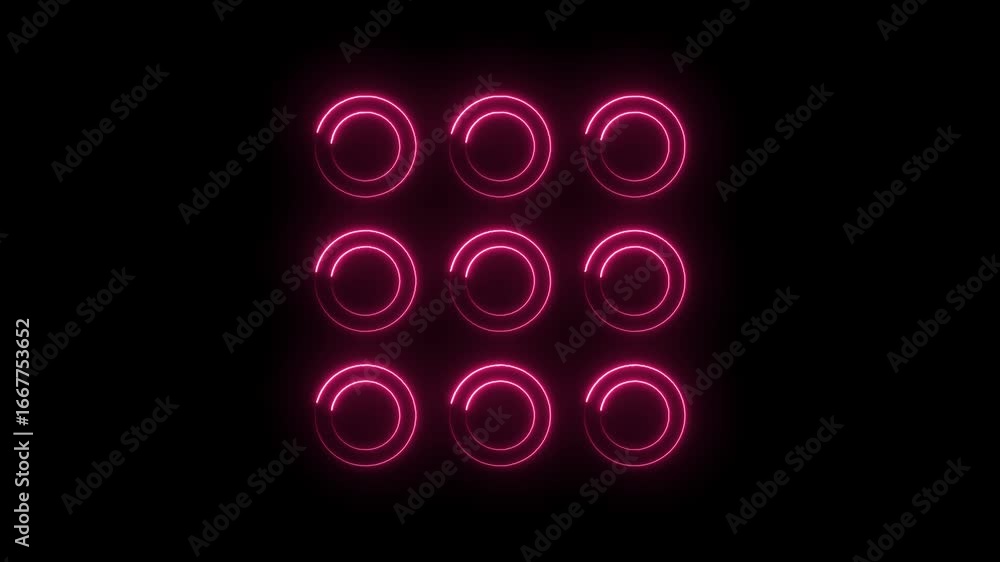 Poster Glowing neon pink circular progress bars loading animation on black background abstract
