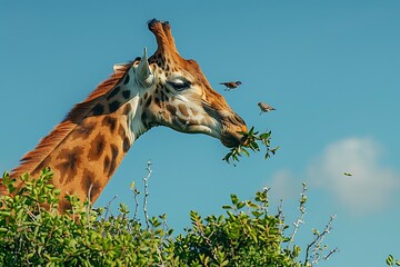 Majestic giraffe dines peacefully among birds under a clear blue sky, a serene natural scene