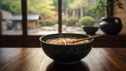 Udon Soup Japanese Kitchen Authentic Traditional Steaming Noodles Cozy Warm Culinary Art Delicious Food Japanese Dining High Resolution Realistic