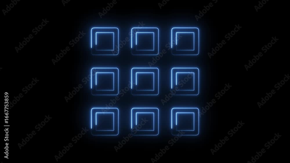 Poster glowing blue neon squares arranged in a grid pattern on a dark background creating a futuristic