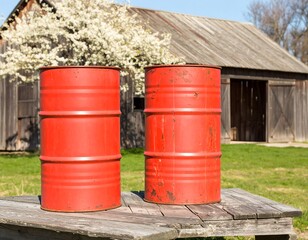 Obraz premium Two red oil barrels on a wooden platform in front of a rustic barn