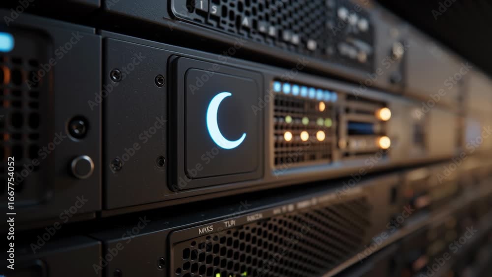 Poster illuminated sleep mode indicator on server rack showcasing modern technology, data management, and i