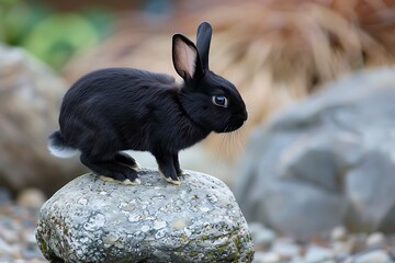 Curious black rabbit with alert eyes perched on a textured rock in a natural outdoor setting