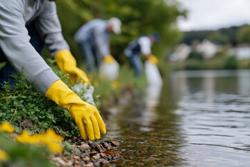 Volunteers cleaning riverbank with yellow gloves on a cloudy day