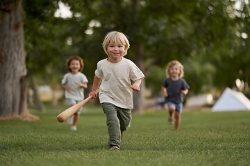 Caucasian young boys playing baseball outdoors in park