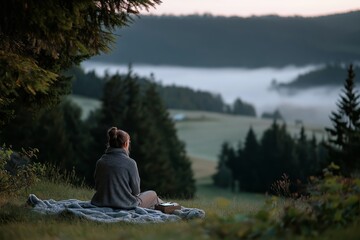Female enjoying tranquil morning in misty mountain scenery