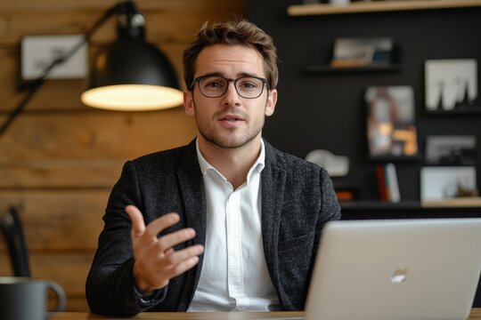 Focused young businessman in glasses sits at his desk, having a video call, and gestures with his hands during an online meeting, Generative AI - Powered by Adobe