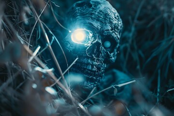 Terrifyingly detailed zombie skull emerging from dark, overgrown brush with glowing eerie eye
