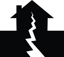 Earthquake houses collapse icon , black solid and outline vector of damaged skyscrapers, cracked ground, shaking effect, seismic disaster, destruction, emergency alert and safety awareness symbol