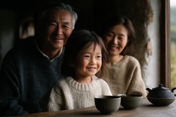 Fototapeta premium Smiling asian family gathering with tea in cozy rustic setting