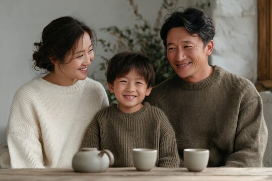 Happy asian family enjoying tea time together at home - Powered by Adobe