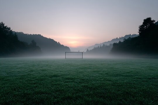 Misty sunrise over soccer field with goalpost amidst lush trees