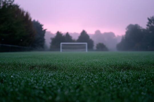 Misty morning soccer field with pink sky and dew-covered grass