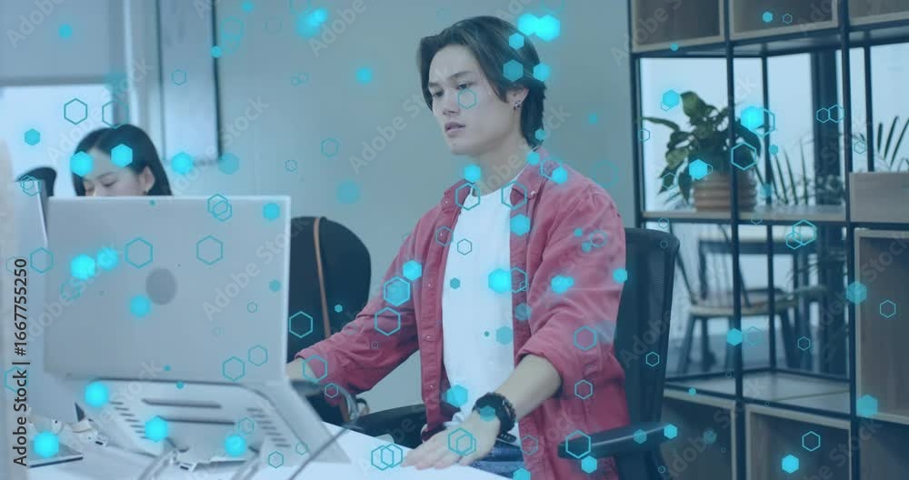 Poster male worker pausing typing and reclining reflecting while hexagon-overlay pulsing technology scene
