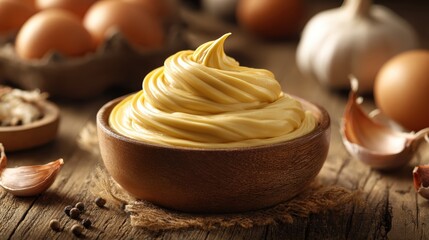 Creamy buttery mashed potato mixture in a wooden bowl surrounded by eggs and garlic on rustic wooden table