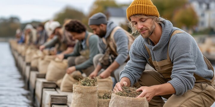 Young caucasian male sorting seaweed in group agricultural activity by the waterfront