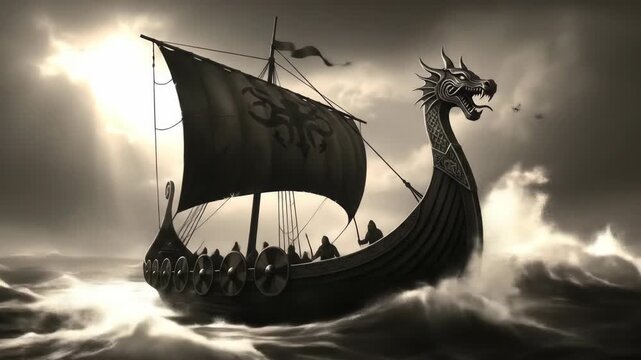 Viking Ship Sails Through Rough Seas in Dramatic Monochromatic, Longship on a Stormy Sea with Dragon Head Figurehead in Dramatic Lighting