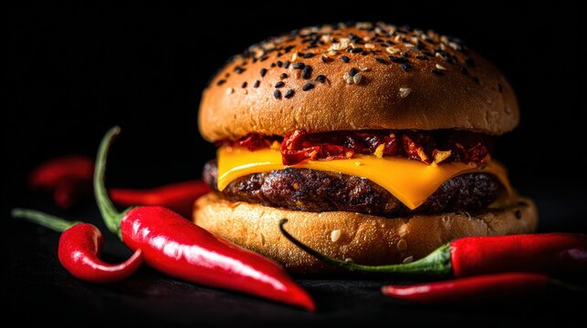 Close-up of a delicious cheeseburger with bacon lettuce tomato and sesame seed bun on black background - Powered by Adobe
