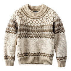 Warm knitted sweater with a geometric pattern and a crew neck, isolated on transparent background