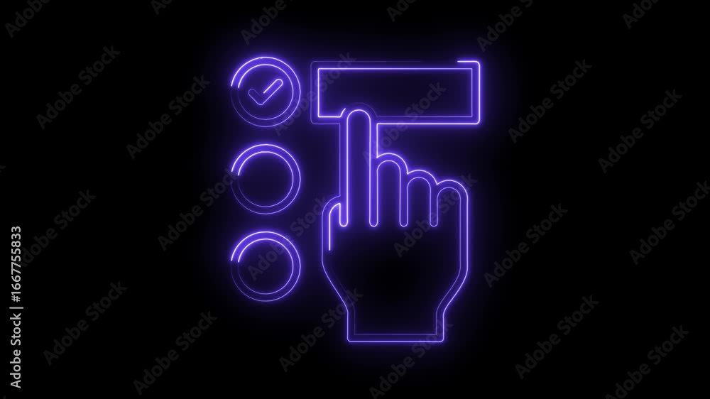 Aufkleber glowing neon purple hand icon selecting a checkbox and list item on black background digital