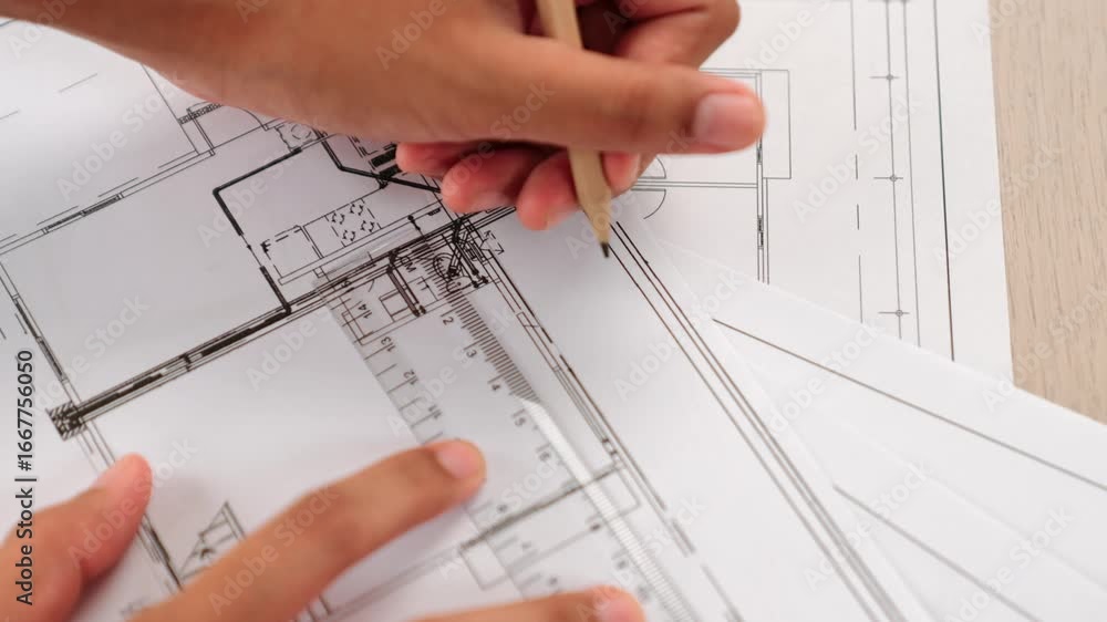 Poster video of clever architect or smart engineer using measurement tool and pencil hand design a detail o