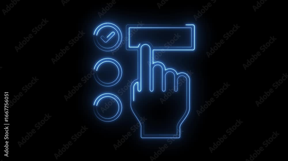 Poster blue neon hand selects checkbox icon digital interface interaction concept glowing