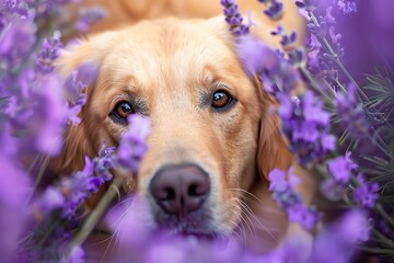 Adorable golden retriever peeking through vibrant lavender blossoms on a sunny day