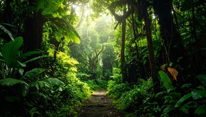 Obraz premium Lush Tropical Rainforest Pathway Sunlight Beams Through Canopy.