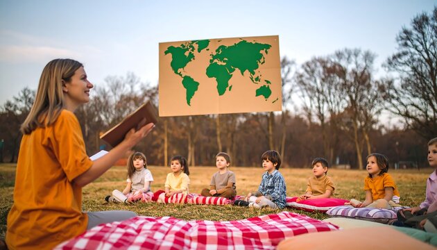 Teacher and children outdoors, learning about world geography