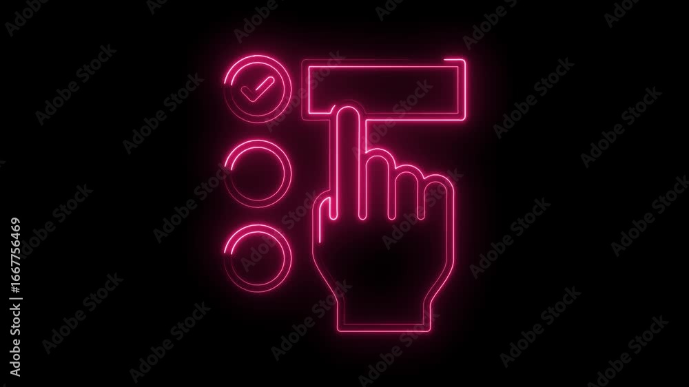 Poster glowing neon pink hand icon selecting a checkbox from a list of options on a dark background