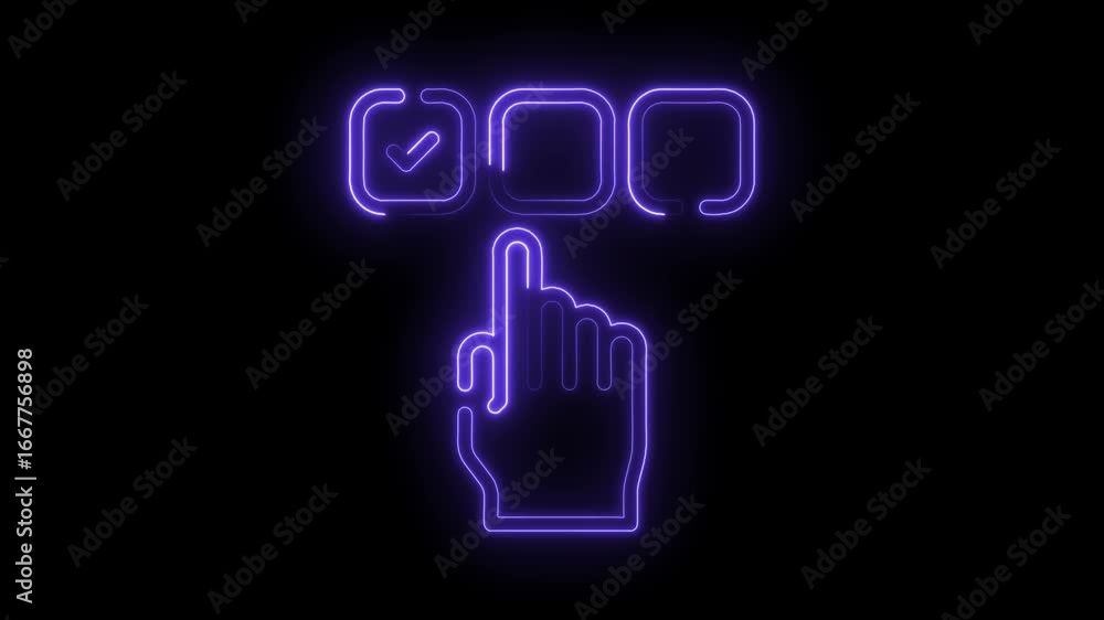Poster glowing neon purple hand cursor selecting a checked box in a digital interface with three options