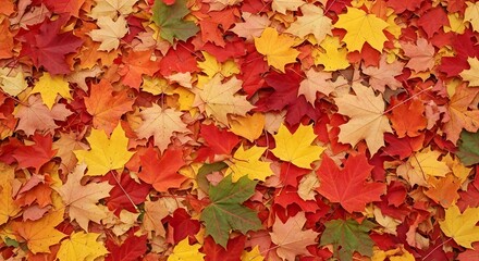 A vibrant carpet of fallen autumn maple leaves in various shades of red, orange, yellow, and green, creating a beautiful natural texture and pattern