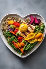 Heart-Shaped Plate with Grilled Halloumi, Quinoa, and Roasted Vegetables on Gray Background