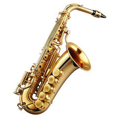 Obraz premium Golden saxophone isolated on transparent background, a brass musical instrument with keys and a bell, perfect for music and jazz themes