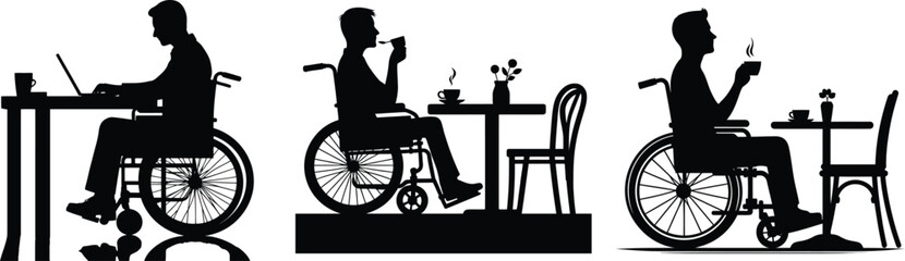 Fototapeta premium Silhouette people in wheelchairs enjoying cafe life working and drinking coffee 
