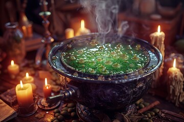 Mysterious bubbling cauldron with glowing green potion and flickering candles creates enchanting atmosphere