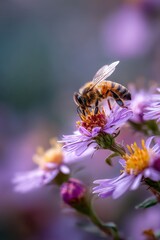 Honeybee on Purple Aster Flower, Pollinating in Garden