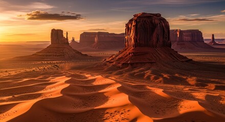 Golden Sunset Over Monument Valley Desert Landscape.