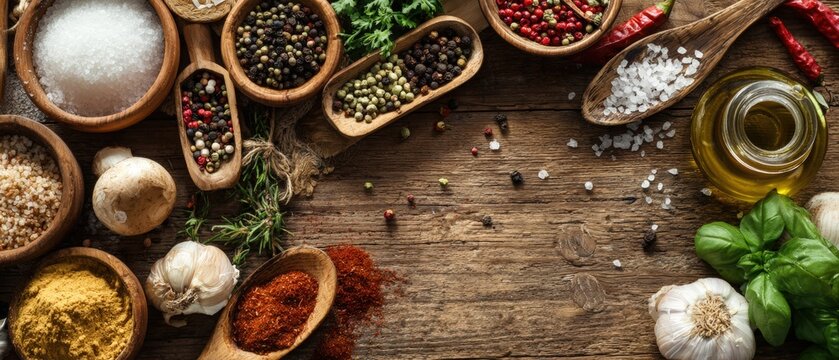 Assorted spices and herbs in small bowls and bottles on rustic wooden surface for cooking and flavo