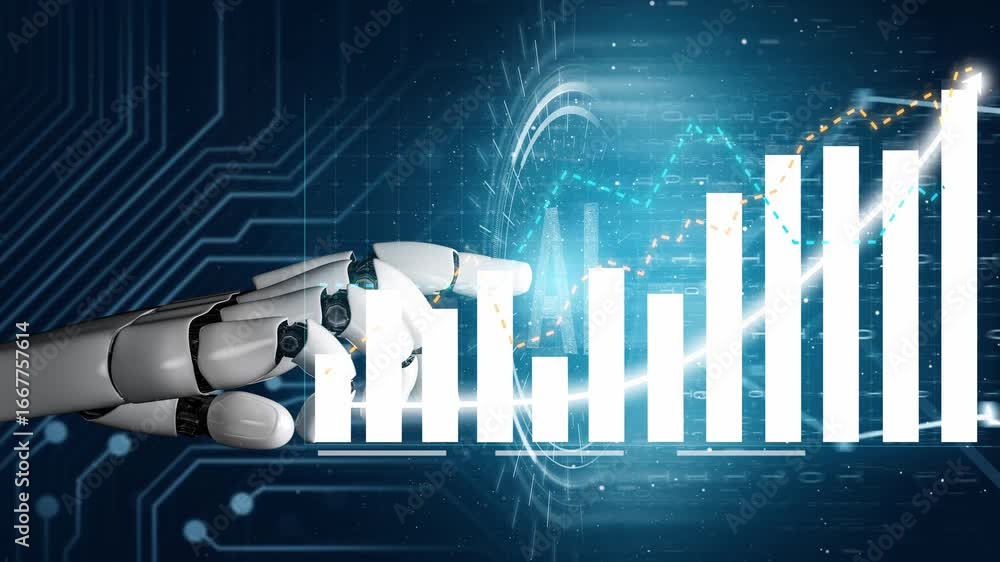Poster a robotic hand interacts with a digital growth chart, representing the fusion of technology and anal